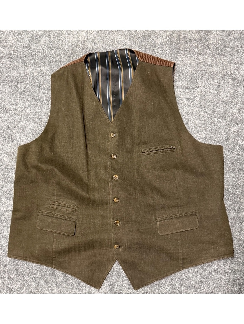 KROON Men’s Olive Brown Tailored Waistcoat Vest Striped Back 6 Button